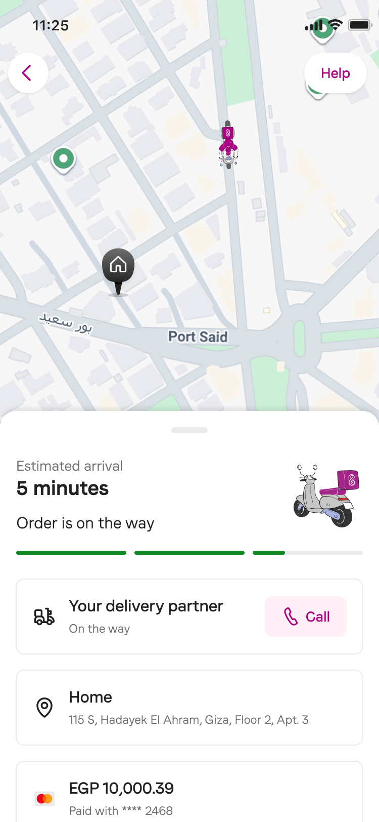 In-app driver calling — 'Your delivery partner' with a Call button