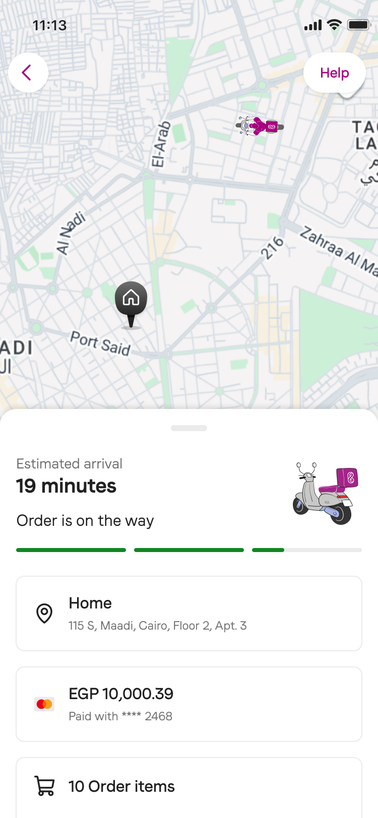 Live driver map on the order tracking screen